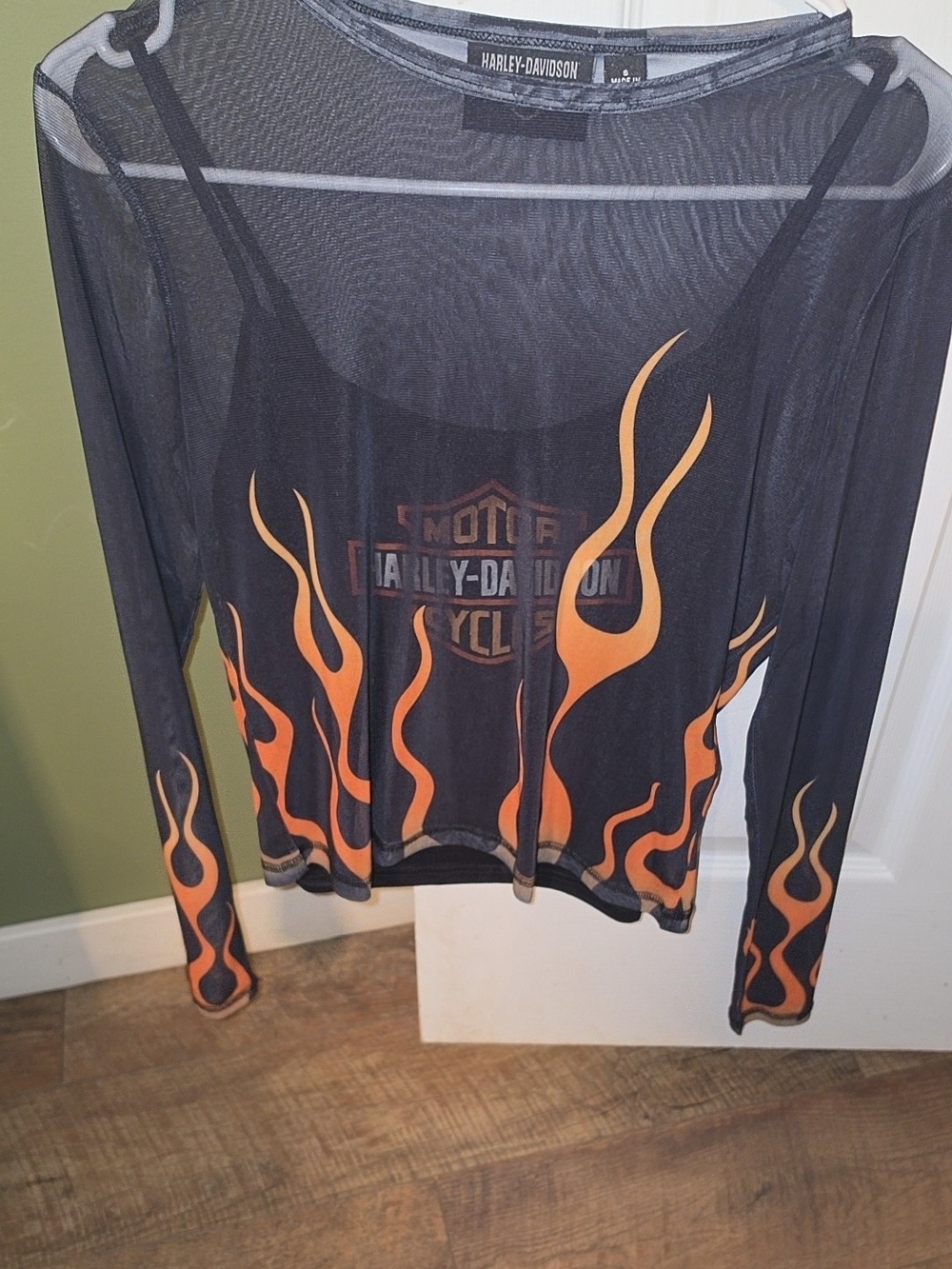 Harley-Davidson Black Mesh Long Sleeve Top with Orange Flame Graphics